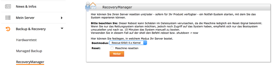 Bildschirmfoto von Stratos RecoveryManager für einen Server.