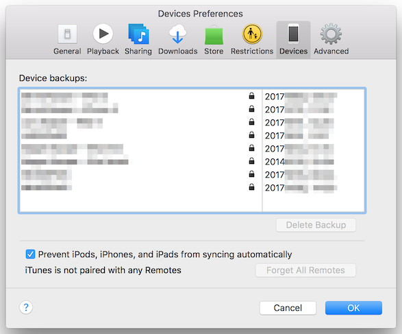 Datensicherungs-Übersicht in iTunes-Einstellungen.